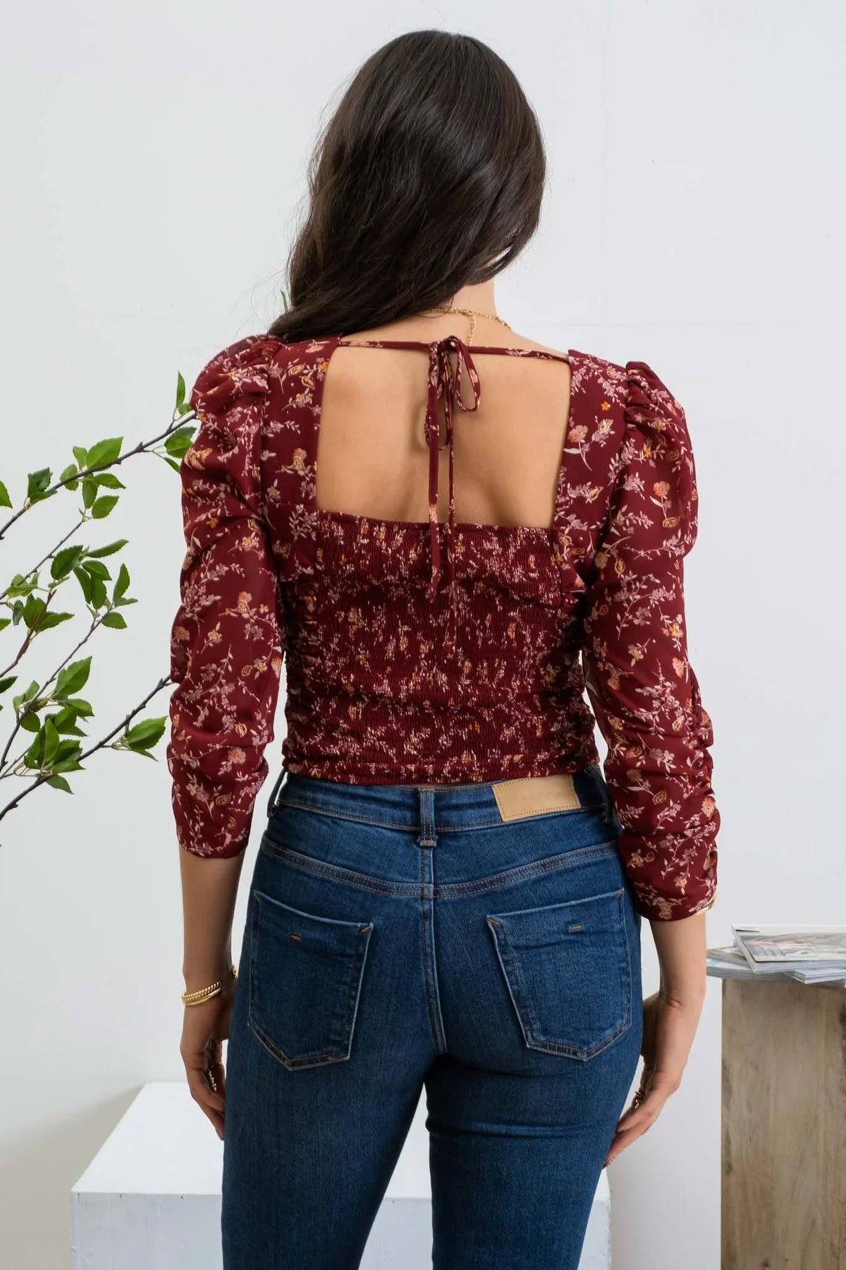 Buy RARE Maroon Floral Top With Cuffed Sleeves - Tops for Women 12364798